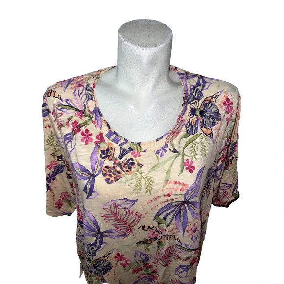 Chico's Top XL (3) Tropical Floral Elbow Sleeve Tee Sunset Peach Purple - Picture 2 of 6
